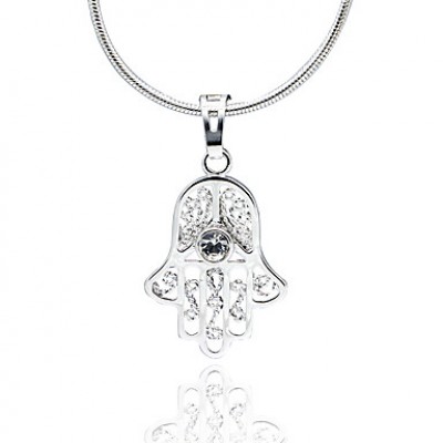 Classic Crystal AAA Zircon Fatima‘s Hand Pendant Platinum Plated Necklace,Fine Jewelry Gift Unisex (Include Chain 45CM)Imitation Diamond Birthstone