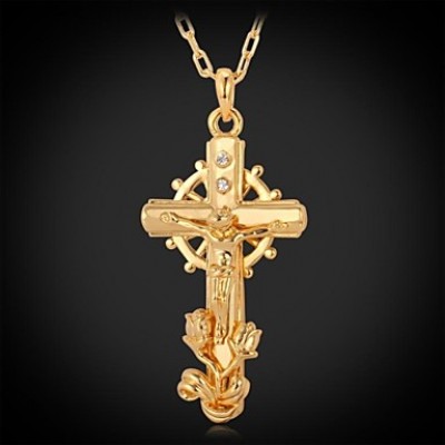 Crucifix Cool Cross Pendant Rotatable Wheel Choker Necklace for Men Clear Rhinestone 18K Gold Plated Fashion Jewelry
